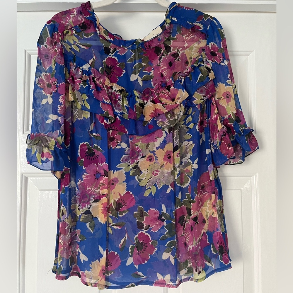 Sezane Blue Floral Sheer Ruffled Blouse